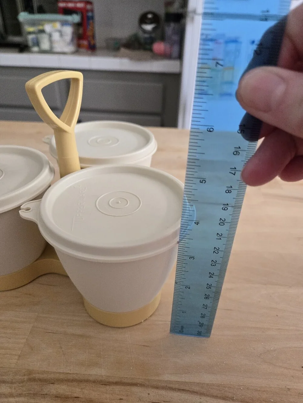Vintage Tupperware condiment caddy,  featuring almond-colored cups. Gold Caddy